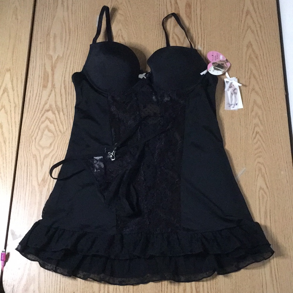 New Playboy Lacey Sheer Lingerie with thong Underwired Padded Cups Small Medium